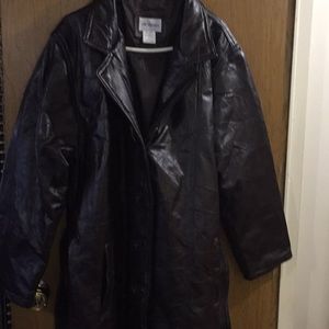 Knee length brown leather jacket